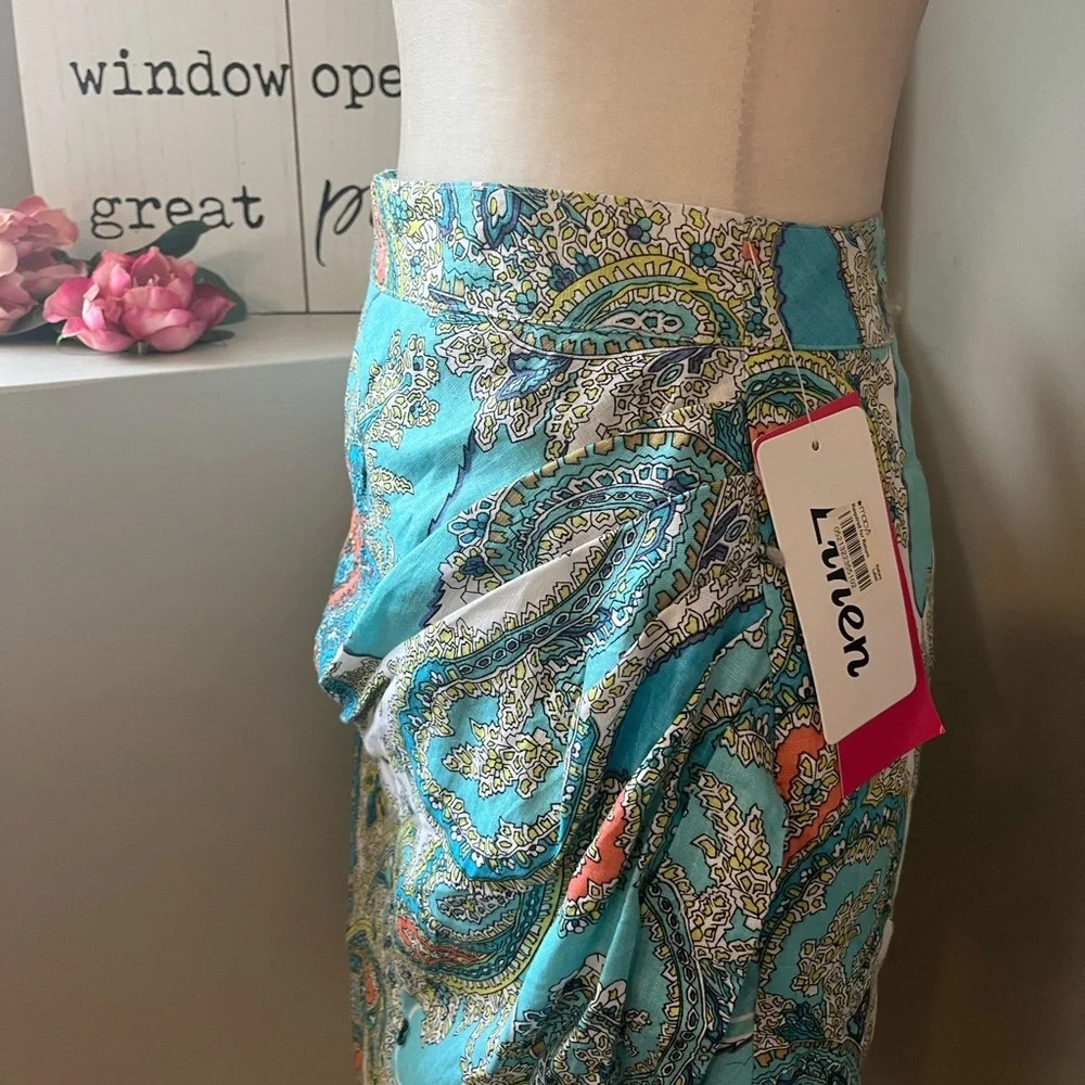 Sunny Leigh NWT Linen Summer Wind Turquoise/Multi Paisley Print Faux Wrap Skirt - Picture 2 of 10